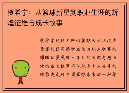 贺希宁：从篮球新星到职业生涯的辉煌征程与成长故事
